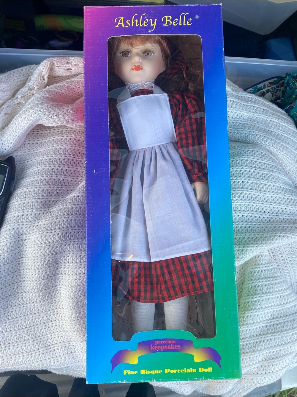 Vintage Porcelain Doll in Red Plaid Dress with White Apron